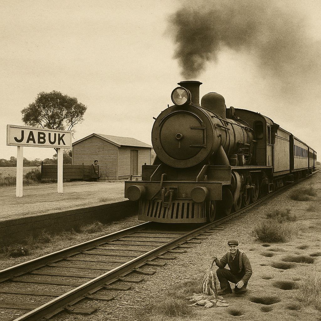 A steam train that was the life blood of the local towns along the Marmon Mallee Range. This train is just arriving at Jabuk