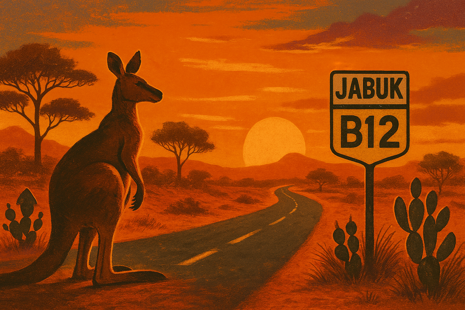 Retro image of Jabuk road with a kangaroo looking at the sign that says Jabuk B12